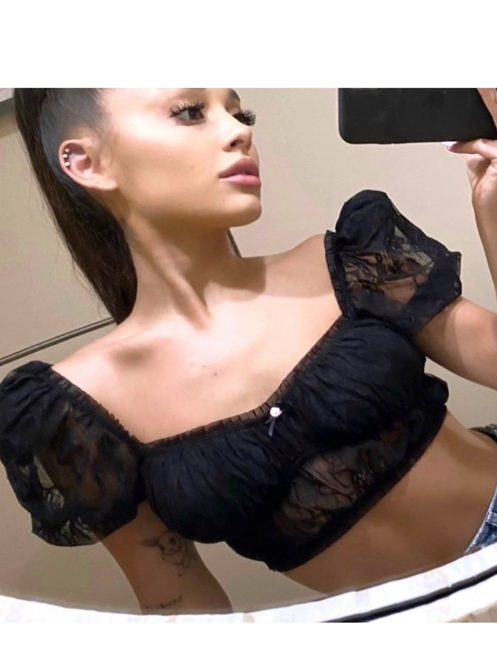 For Love & Lemons Black Lacey Puff Sleeve Crop Top